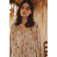 2024 Spring Satin Sleep Dress Elegant and Elegant Printed Backless Pullover Long Sleeved Nightwear for Women's Home Sleepwear