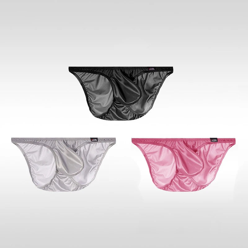 3PCS Japanese men's underwear ice silk low waist sexy triangle pants U convex three-dimensional silky tight