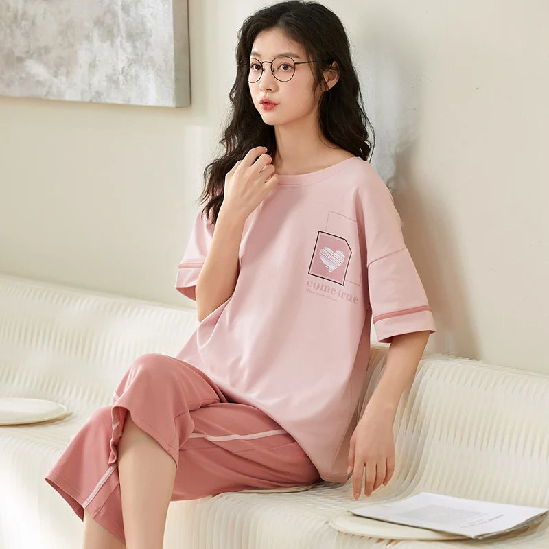 Knitted Cotton Pijama Cartoon Pajamas Sets Women Pyjamas Summer Sleepwear Mujer Nightwear Plus Size Calf-Length Pants Homewear