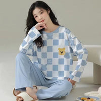 2PCS/Set Summer Nightwear Women Long Sleeve Cartoon Sleepwear Homewear Student Pajamas Loungewear Wearing Home Clothes Outside