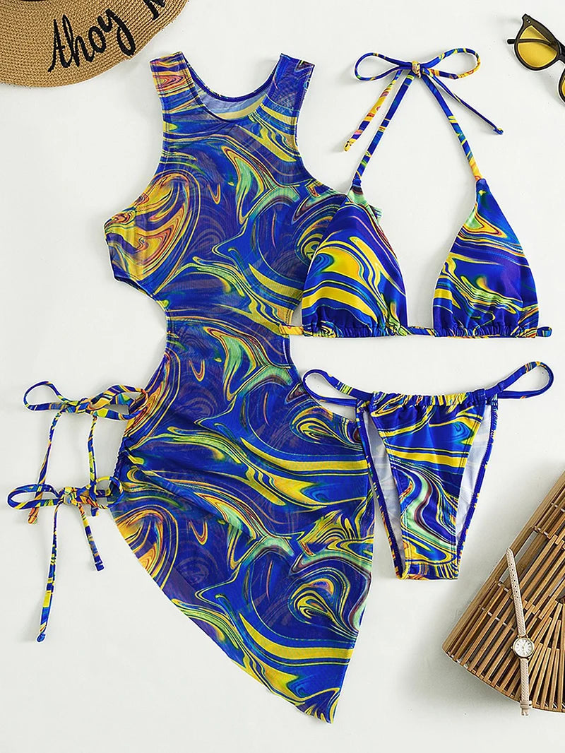 3 Pieces Bikini Set Women Leopard Halter Sexy Swimsuit 2026 Bikinis With Beach Cover Up Swimwear Backless Bandage Bathing Suit