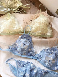 French Niche Lingerie Set Embroidered Mesh Triangle Cup Wireless Bralette Retro Lace Thin Sexy Comfortable Bra USA Tushy MOYISU