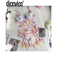 Diccvicc Lingerie for Women Floral Embroidery Sexy Lace Push Up Bra Fancy Garter Set Cute Girl Female Underwear Exotic Apparel