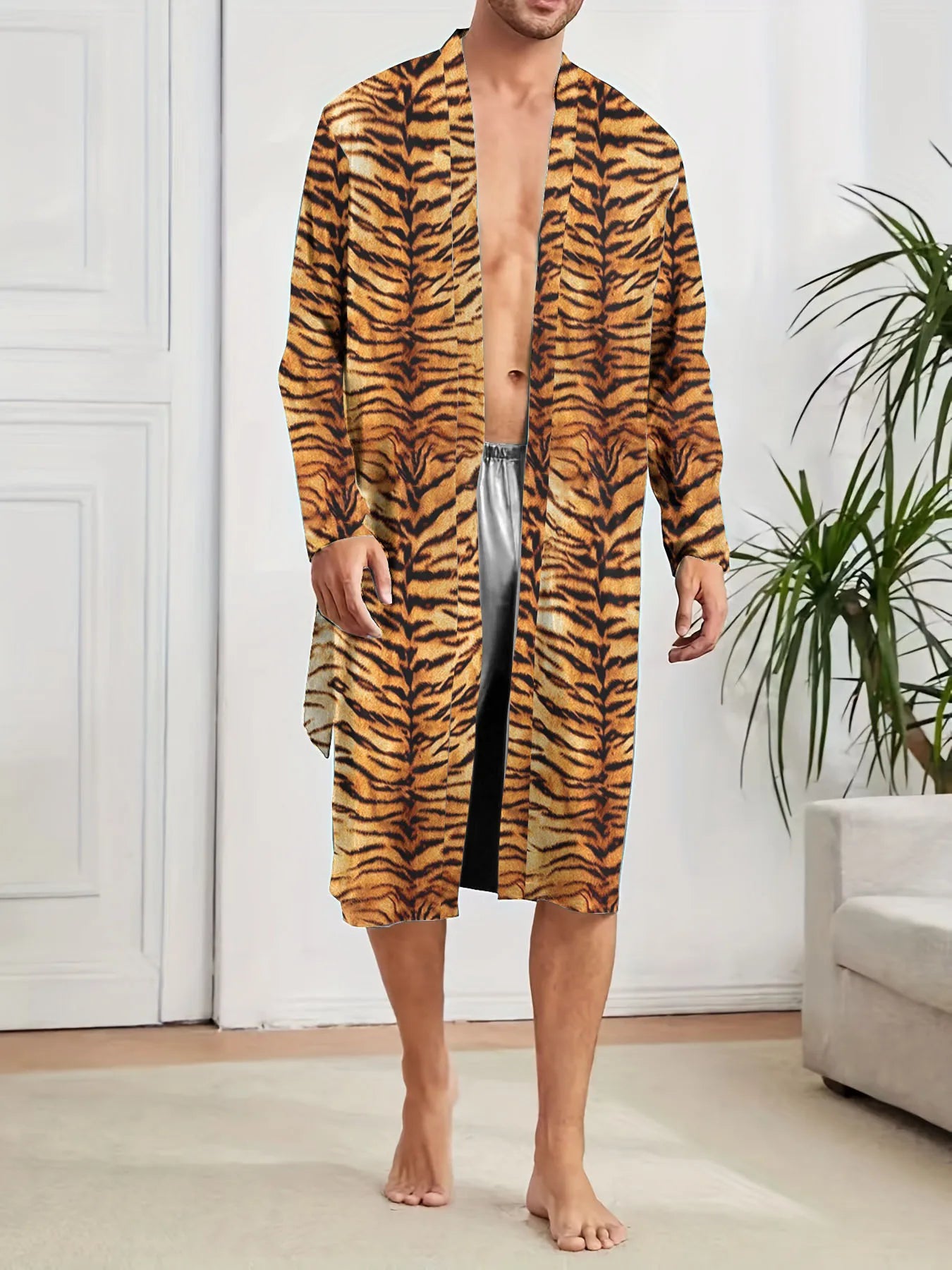Men's bathrobe with tiger stripe element digital printing, suitable for home leisure and entertainment men's robes,quick drying.