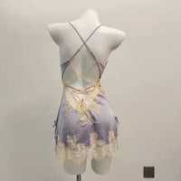 Silk Nightgowns Sexy Pajamas Pure Desire High Quality Deep V Nightdress Small Chest Hollow Lace Halter Pajama Dress Home Clothes