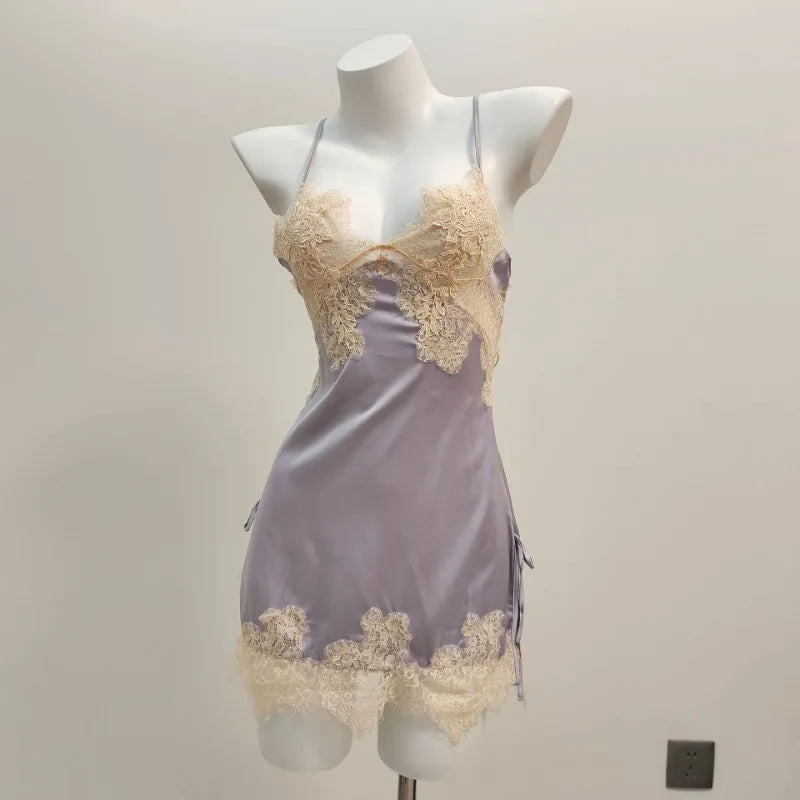Silk Nightgowns Sexy Pajamas Pure Desire High Quality Deep V Nightdress Small Chest Hollow Lace Halter Pajama Dress Home Clothes