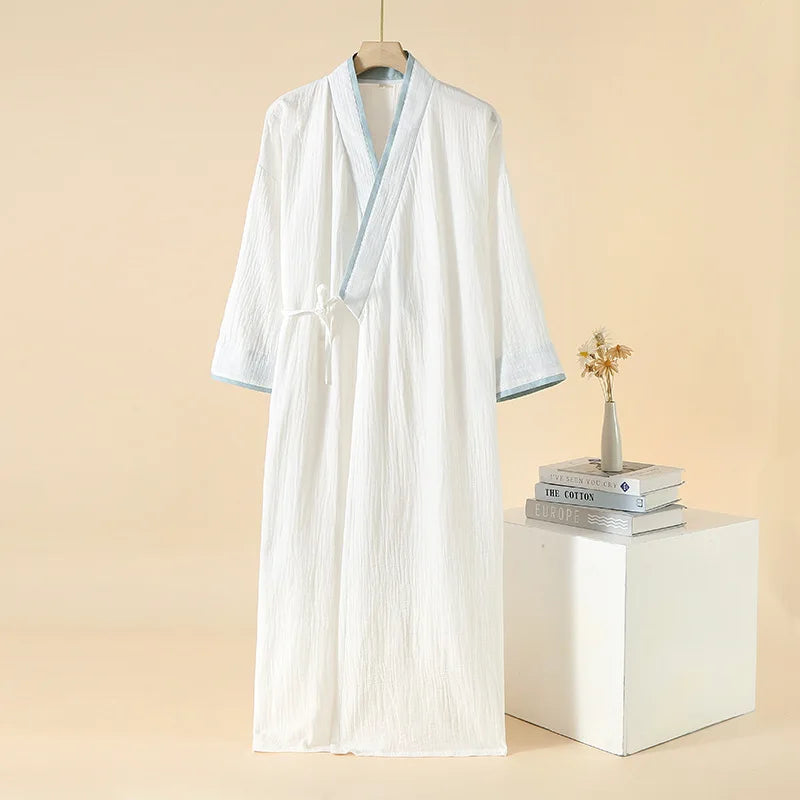 2025 New Japanese Kimono Robe Spring/Summer Men Nightgown 100% Cotton Large Size Bathrobe Men's Mid Length Home Robes Pajamas