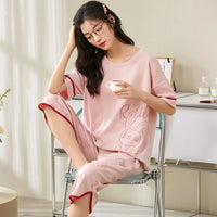 Knitted Cotton Pijama Cartoon Pajamas Sets Women Pyjamas Summer Sleepwear Mujer Nightwear Plus Size Calf-Length Pants Homewear