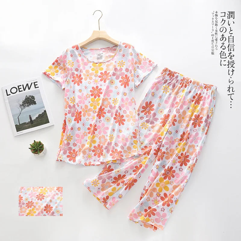 Pajama Sets for Women Summer Short Sleeve Plus Size Lightweight Sleepwear Suit Cute Fresh Homewear 2pcs Suits