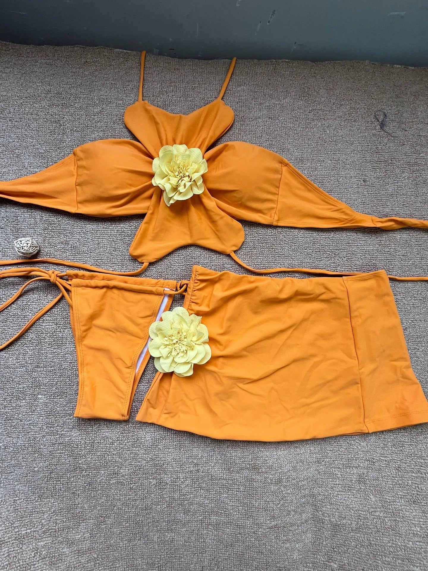 Melphieer Swimwear Designer 3D Flower Bikini 3 PCS Swimsuit Skirt Bikinis Women Three Piece Beachwear Outfits Bather Biquini