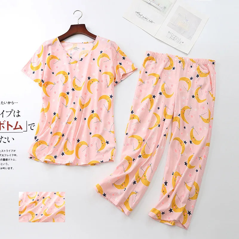 Pajama Sets for Women Summer Short Sleeve Plus Size Lightweight Sleepwear Suit Cute Fresh Homewear 2pcs Suits