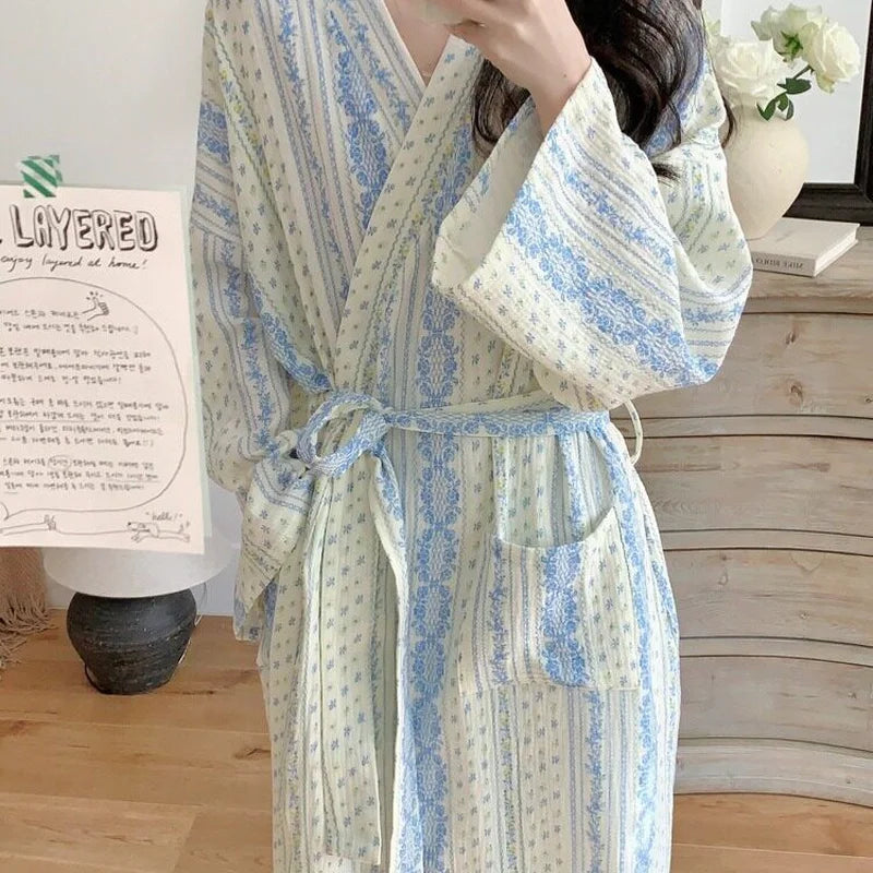 Sweet, Fresh, And Retro Striped Floral Nightgown and Pajamas for Women: Long-Sleeve Bathrobe and Loungewear for Spring and Fall