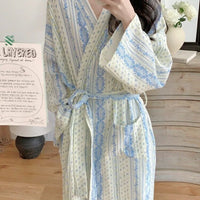 Sweet, Fresh, And Retro Striped Floral Nightgown and Pajamas for Women: Long-Sleeve Bathrobe and Loungewear for Spring and Fall