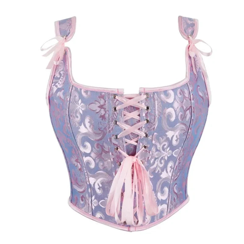 Blue Jacquard Corset Sexy Shoulder Straps Overbust Bustiers Crop Top Lace Up Brocade Vest Lingerie Gothic For Women Outfit
