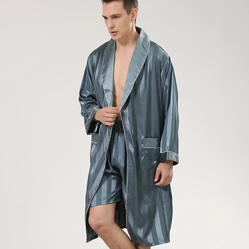Men Pajamas Satin Kimono Robe Gown With Pants Thin Nightgown Two-pieces Bathrobe&Trousers Suit Summer Long Sleeve Nightwear