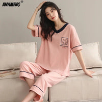 Knitted Cotton Pijama Cartoon Pajamas Sets Women Pyjamas Summer Sleepwear Mujer Nightwear Plus Size Calf-Length Pants Homewear