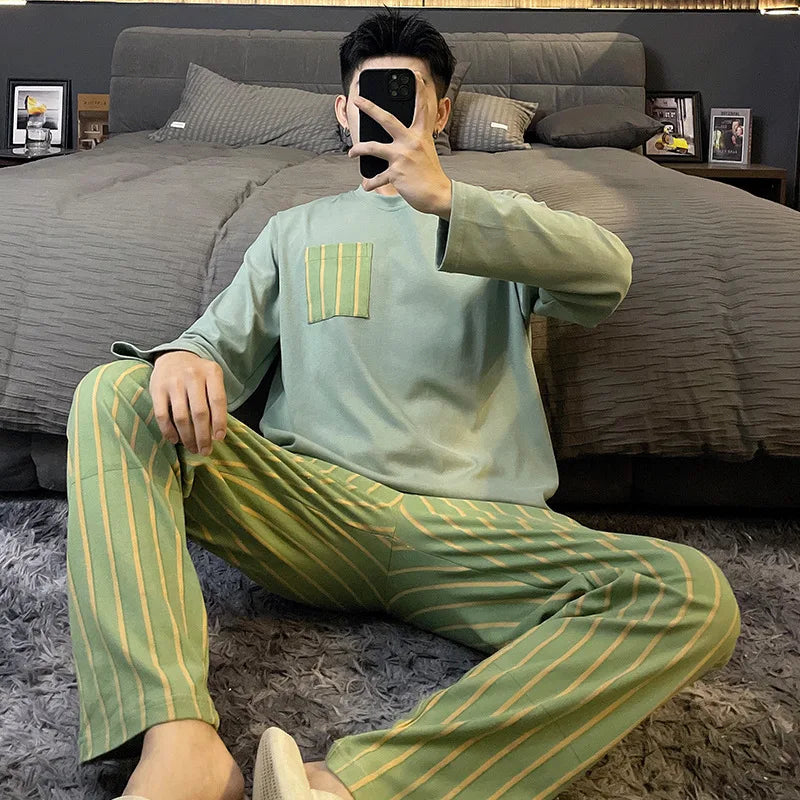 Autumn Cotton Pijama for Men Plus Size 3XL Lounge Pyjamas Set Male 2 Pieces Set Sleepwear Sleeping Top Pant Home Suit 2022
