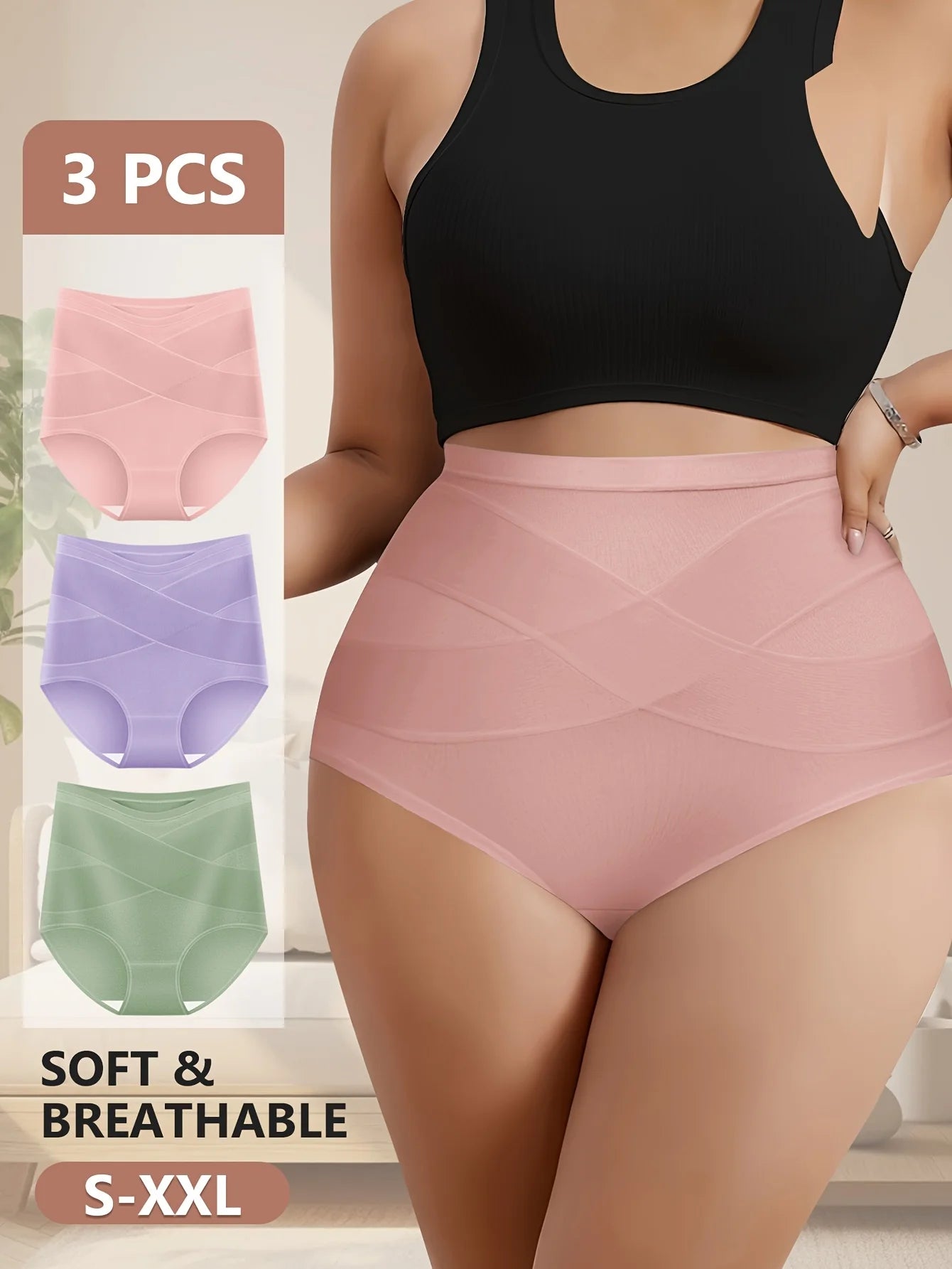 MIOTAN 3-Pack Women's High-Waisted Briefs Tummy Control Butt Lifting Soft Breathable Cotton Panties - Cross-Back Seamless