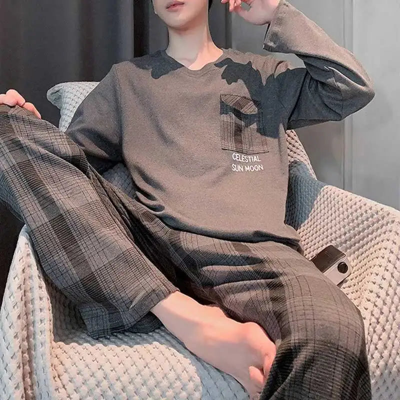 Men's Long-Sleeved Pullover Pajamas New Knitted Cotton Large Size Sports Simple Leisure Homewear Round Neck Solid Loungewear