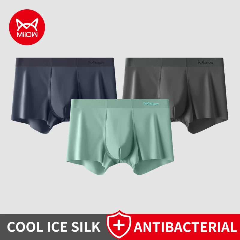MIIOW 3Pcs Ice Silk Man Underwear Boxer Metal Fiber Antistatic Men Underpants Seamless Cut Hem Men's Panties Boxers Shorts Trunk