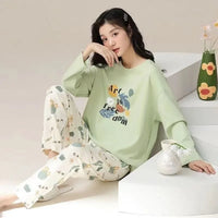 2PCS/Set Summer Nightwear Women Long Sleeve Cartoon Sleepwear Homewear Student Pajamas Loungewear Wearing Home Clothes Outside