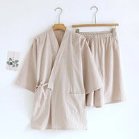 2026 Men's Summer 100% Cotton Pajama Sets Loose Bathrobes V-Neck Kimono Pijama Striped Half Sleeve and Shorts Men Homewear Suit