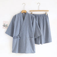 2026 Men's Summer 100% Cotton Pajama Sets Loose Bathrobes V-Neck Kimono Pijama Striped Half Sleeve and Shorts Men Homewear Suit