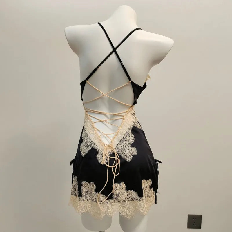 Silk Nightgowns Sexy Pajamas Pure Desire High Quality Deep V Nightdress Small Chest Hollow Lace Halter Pajama Dress Home Clothes