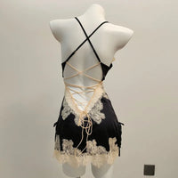Silk Nightgowns Sexy Pajamas Pure Desire High Quality Deep V Nightdress Small Chest Hollow Lace Halter Pajama Dress Home Clothes