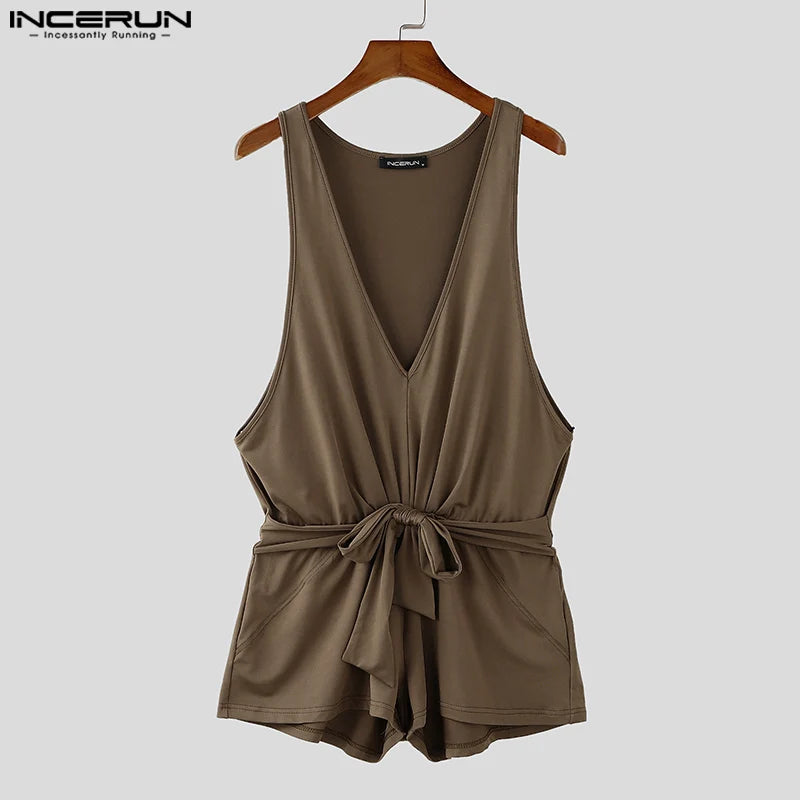 INCERUN Men Sleeveless Sexy Bodysuits 2024 Summer Deep V-Neck Elegant Fashion Onesies Handsome Comfortable Homewear Loungewear