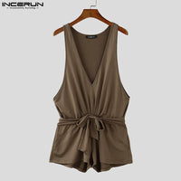 INCERUN Men Sleeveless Sexy Bodysuits 2024 Summer Deep V-Neck Elegant Fashion Onesies Handsome Comfortable Homewear Loungewear