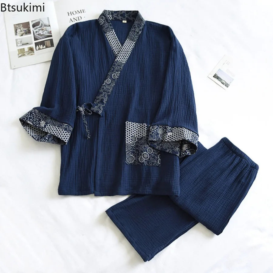New Men's Cotton Pajama Sets Japanese Kimono Plus Size Long Sleeve Pant Suit Casual Comfortable Home Service Two-piece Sleepwear