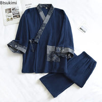 New Men's Cotton Pajama Sets Japanese Kimono Plus Size Long Sleeve Pant Suit Casual Comfortable Home Service Two-piece Sleepwear