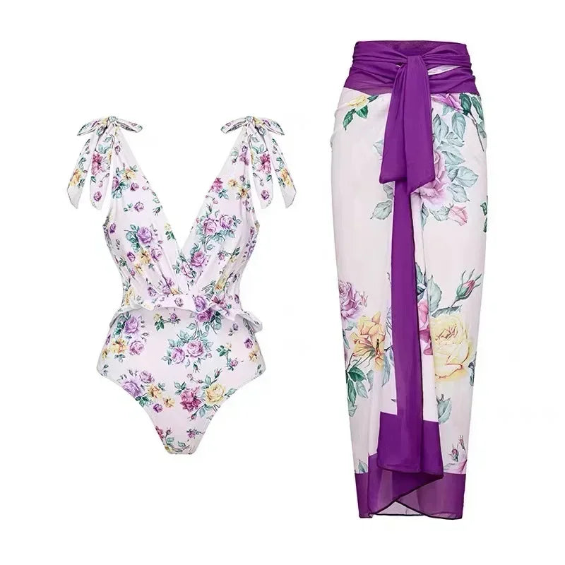 2026 New 2-Piece Women Bikini Set Bodysuit Skirt Cover Ups Sets Women Swimsuit Bandage Bathing Fashion Print Splice Beach Suit