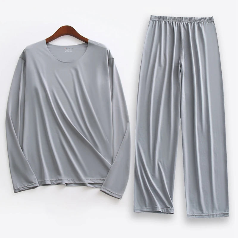 Large Size Men Ice Silk Pajamas Solid Shirt & Pants 2Pcs Pijamas Sleep Set Thin Home Clothing Sleepwear Summer Nightwear Suit