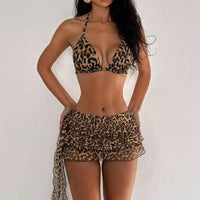 Leopard Print 3-Piece Bikini Set for Women Sexy Swimsuit Beach Party Swimwear Summer Tankini Beach Wear