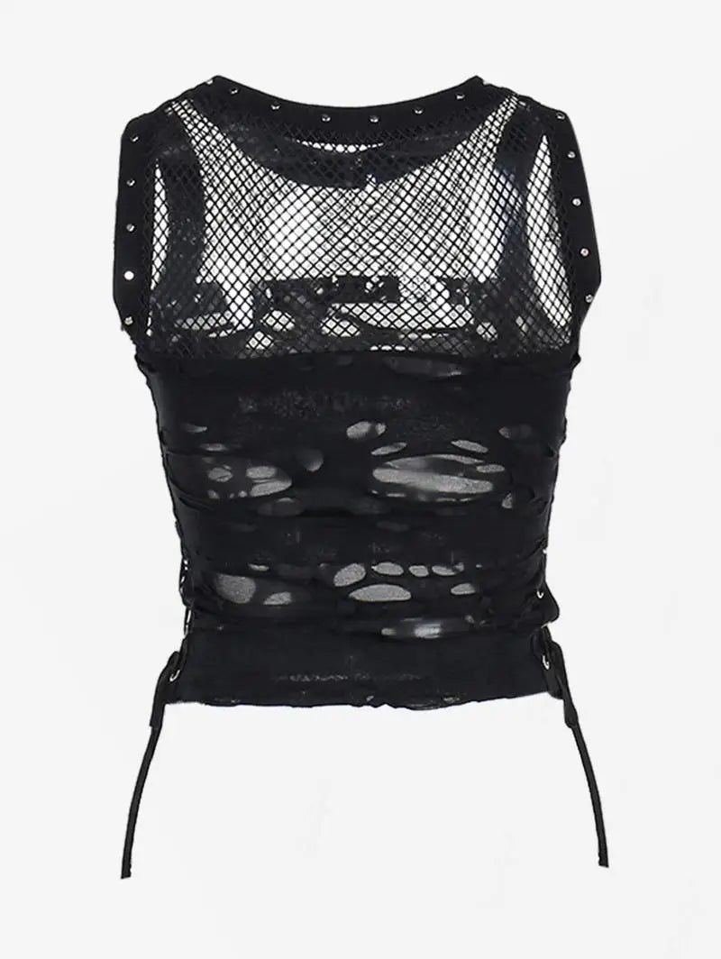 Gothic Ripped Fishnet Panel Grommet Side Lace Up Sexy Vest Black Round Neck Women Crop Tank Top