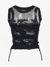 Gothic Ripped Fishnet Panel Grommet Side Lace Up Sexy Vest Black Round Neck Women Crop Tank Top