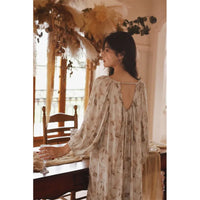 2024 Spring Satin Sleep Dress Elegant and Elegant Printed Backless Pullover Long Sleeved Nightwear for Women's Home Sleepwear