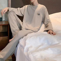 Men's Long-Sleeved Pullover Pajamas New Knitted Cotton Large Size Sports Simple Leisure Homewear Round Neck Solid Loungewear