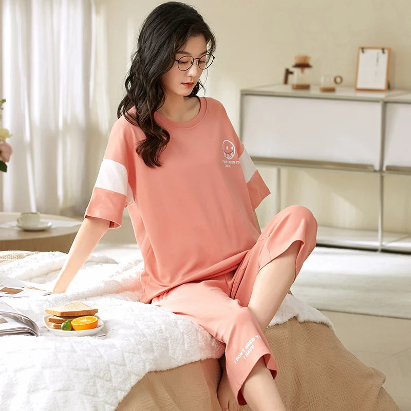 Knitted Cotton Pijama Cartoon Pajamas Sets Women Pyjamas Summer Sleepwear Mujer Nightwear Plus Size Calf-Length Pants Homewear