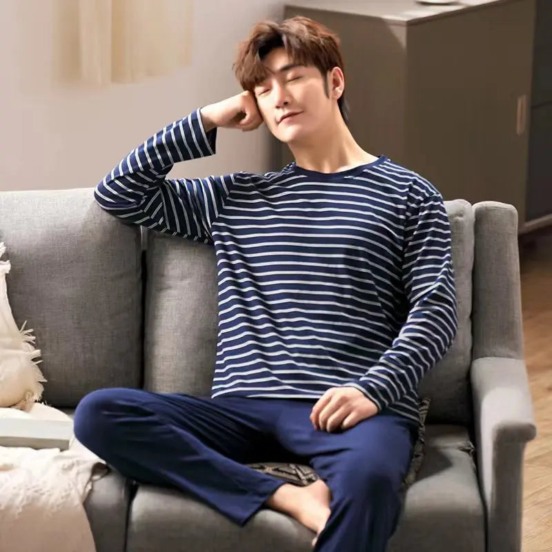 Men Pajamas Long-Sleeved Autumn and Winter Pajamas Student Homewear Teenagers Autumn Striped Pajamas Men Homewear Large Size Xl