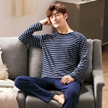 Men Pajamas Long-Sleeved Autumn and Winter Pajamas Student Homewear Teenagers Autumn Striped Pajamas Men Homewear Large Size Xl