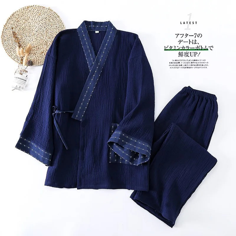 New Men's Cotton Pajama Sets Japanese Kimono Plus Size Long Sleeve Pant Suit Casual Comfortable Home Service Two-piece Sleepwear