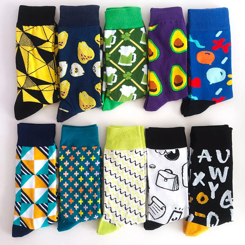 10 Pairs/Lot Funny Happy Men Socks Crew Socks Colorful Combed Cotton Christmas Rhombus Casual Fashion Autumn Big Size Men Socks