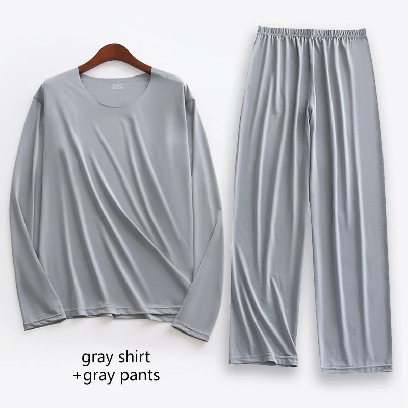 Large Size Men Ice Silk Pajamas Solid Shirt & Pants 2Pcs Pijamas Sleep Set Thin Home Clothing Sleepwear Summer Nightwear Suit