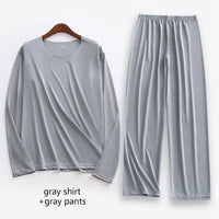 Large Size Men Ice Silk Pajamas Solid Shirt & Pants 2Pcs Pijamas Sleep Set Thin Home Clothing Sleepwear Summer Nightwear Suit