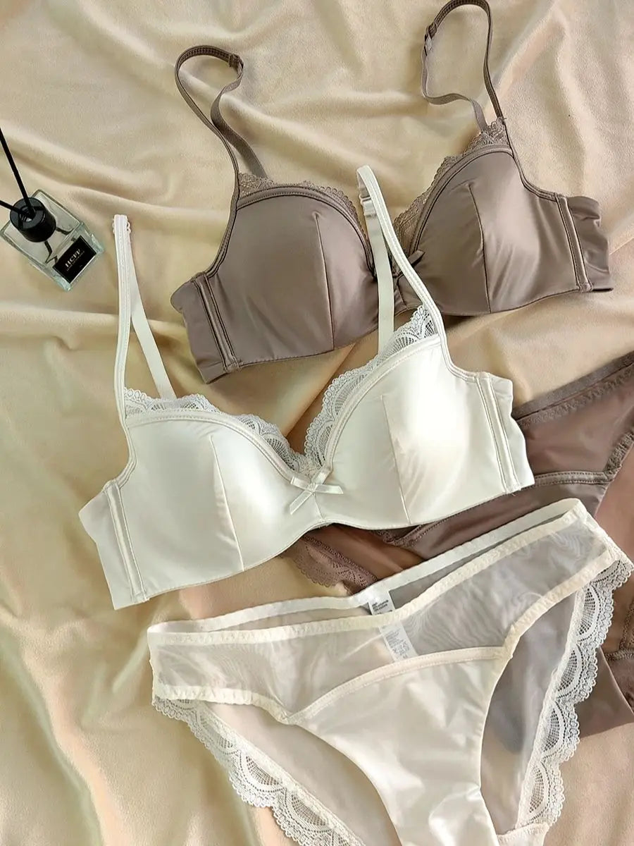 French Thin Cup Lingerie Set Sexy Lace Bras High Quality Women Underwear Wireless Push Up Brassiere Breathable Bras Panties Set