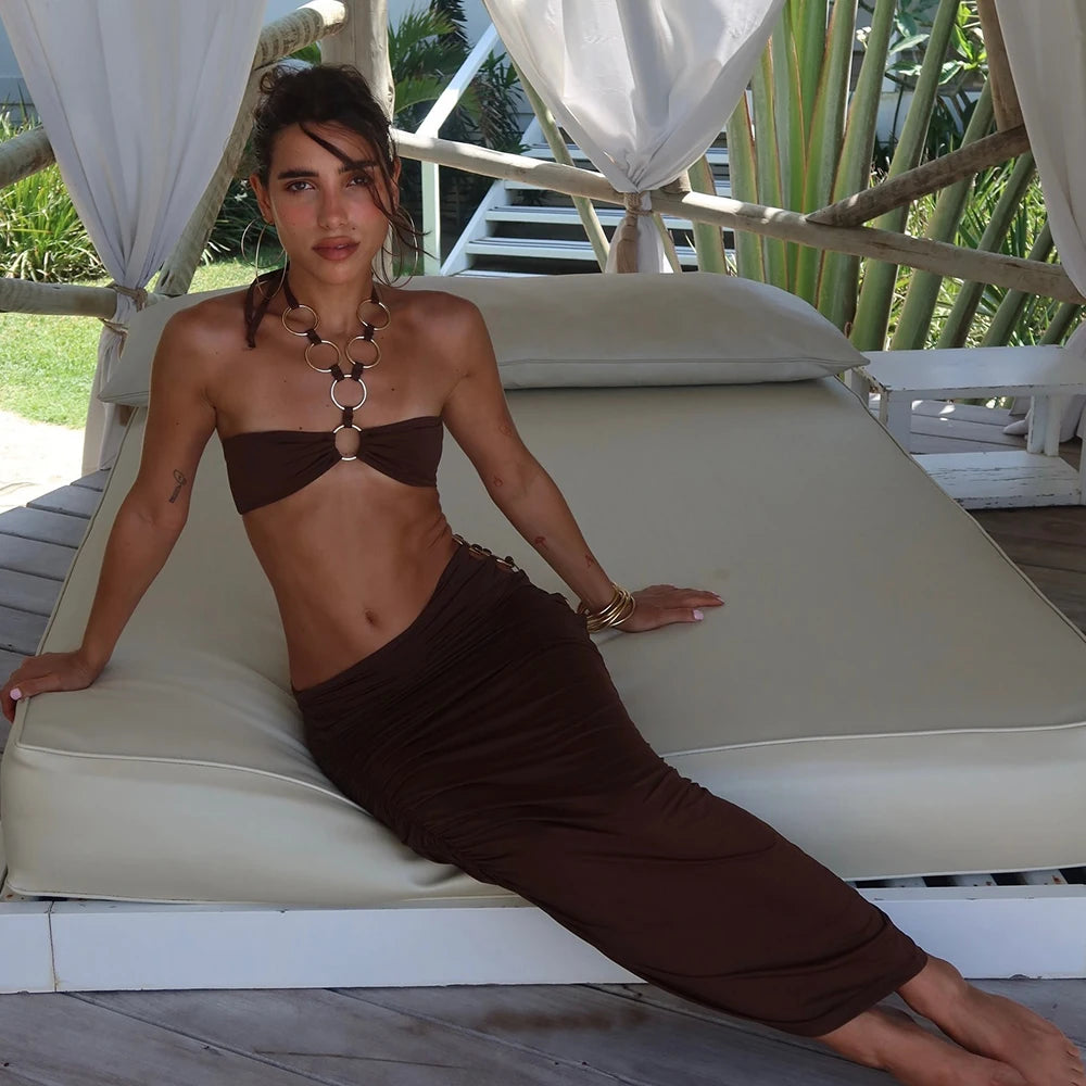 Ring 3 Pieces Bikini 2025 Sexy Women Swimsuit Swimwear Female Skirt Push Up Bikini Set Solid Biquini Bathing Suit Swimming Suit