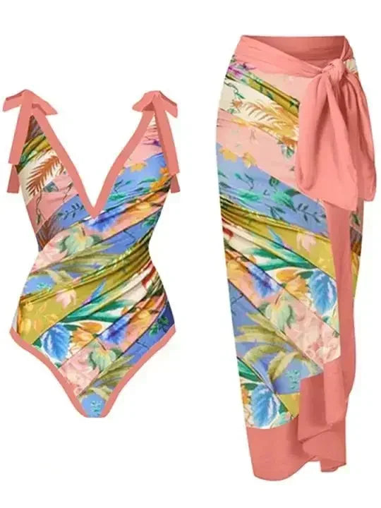2026 New 2-Piece Women Bikini Set Bodysuit Skirt Cover Ups Sets Women Swimsuit Bandage Bathing Fashion Print Splice Beach Suit